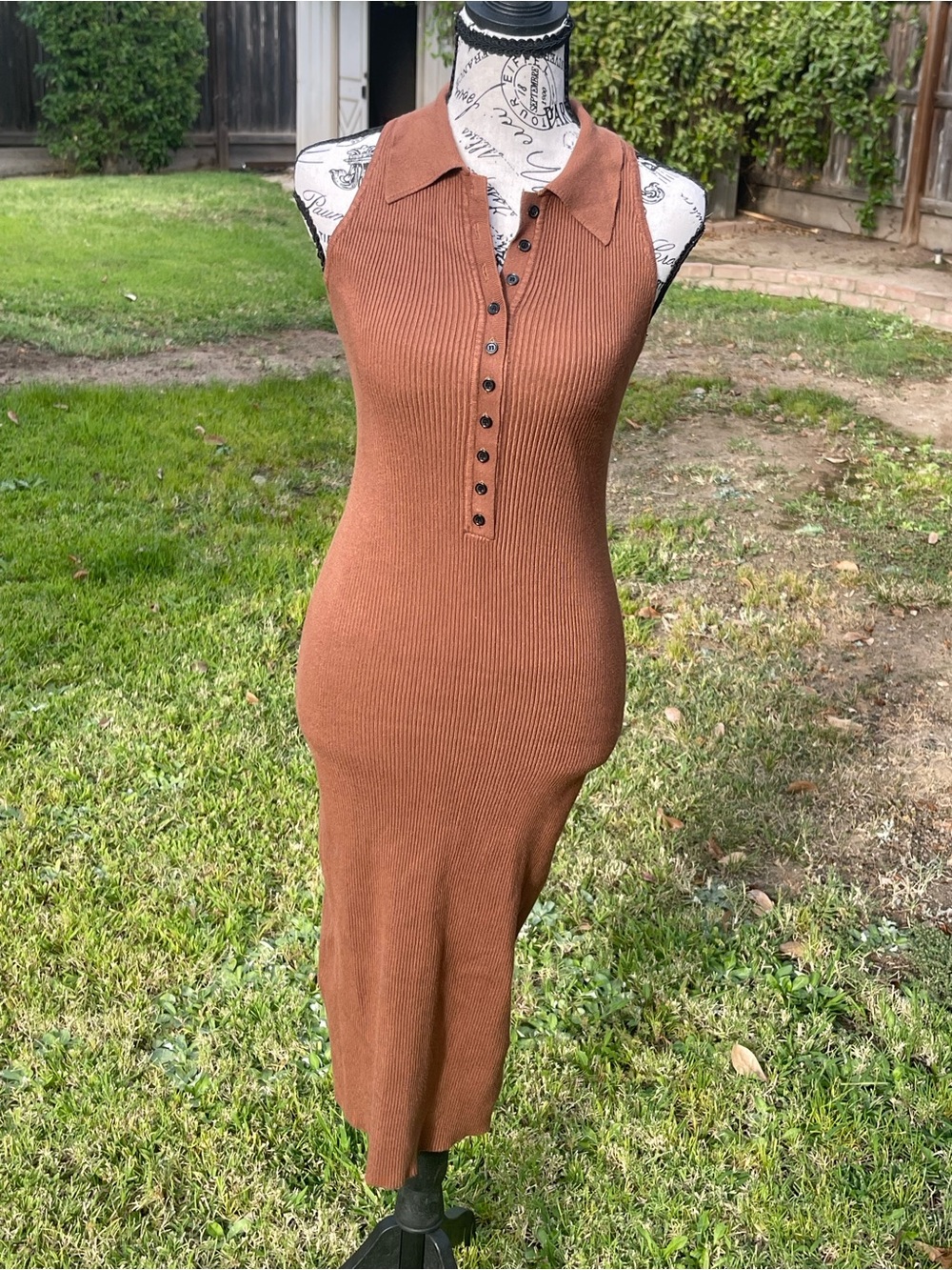 House of Harlow 1960 Brown Ribbed Knit Polo Midi Dress - Size Medium
